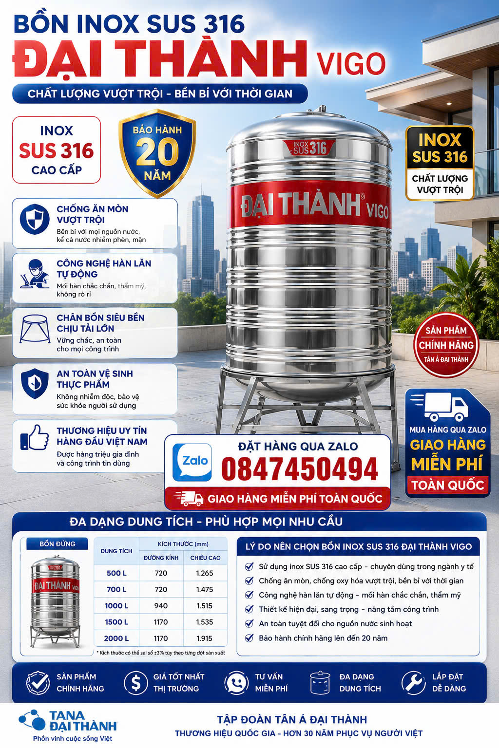 BỒN INOX 316 ĐẠI THÀNH VIGO 1000L ĐỨNG siêu cao cấp inox tốt nhất 1 khối đứng đại thành bảo hành 20 năm giao miễn phí Toàn Quốc App